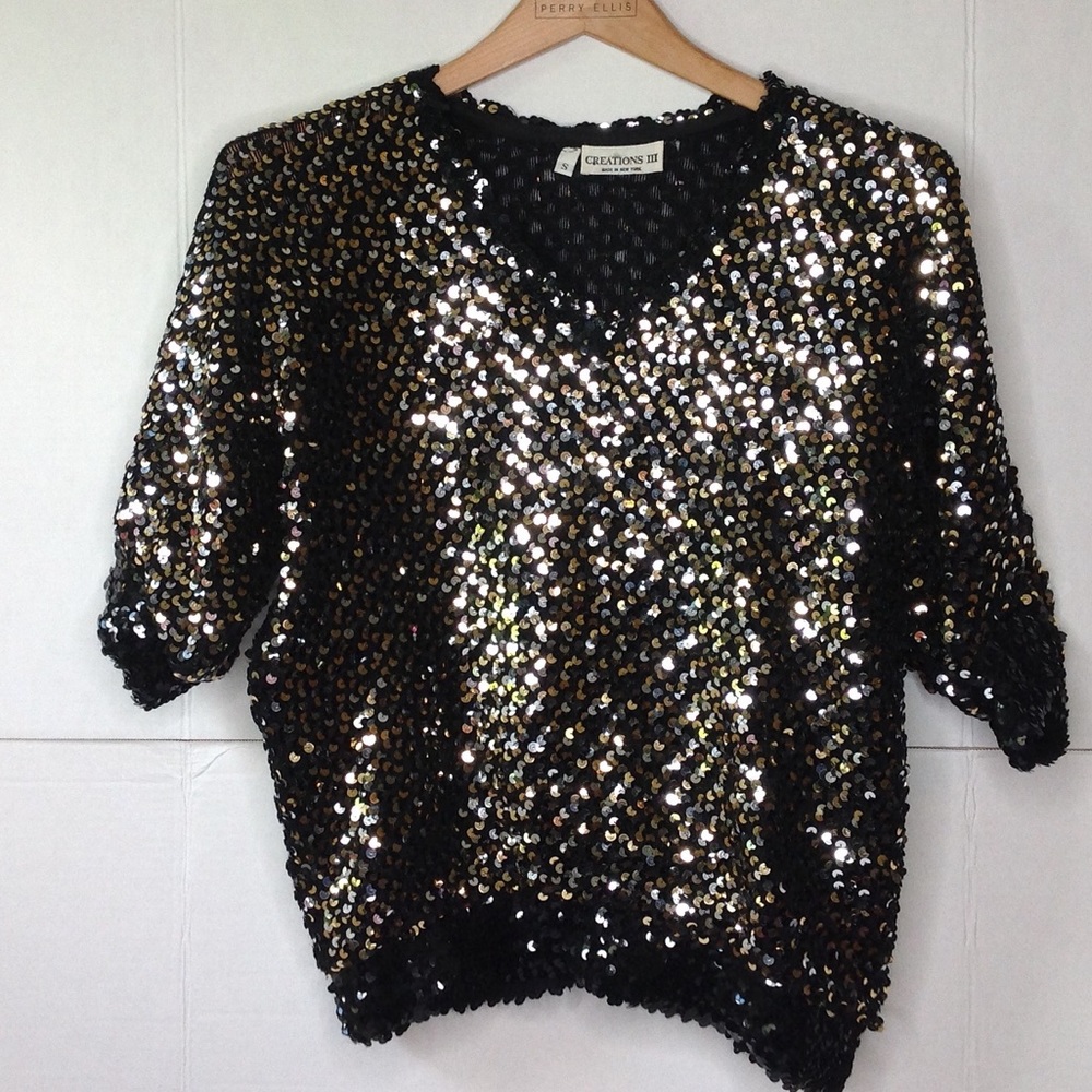 1990's Gold Sequin Top Jersey V Neck Top Blouse